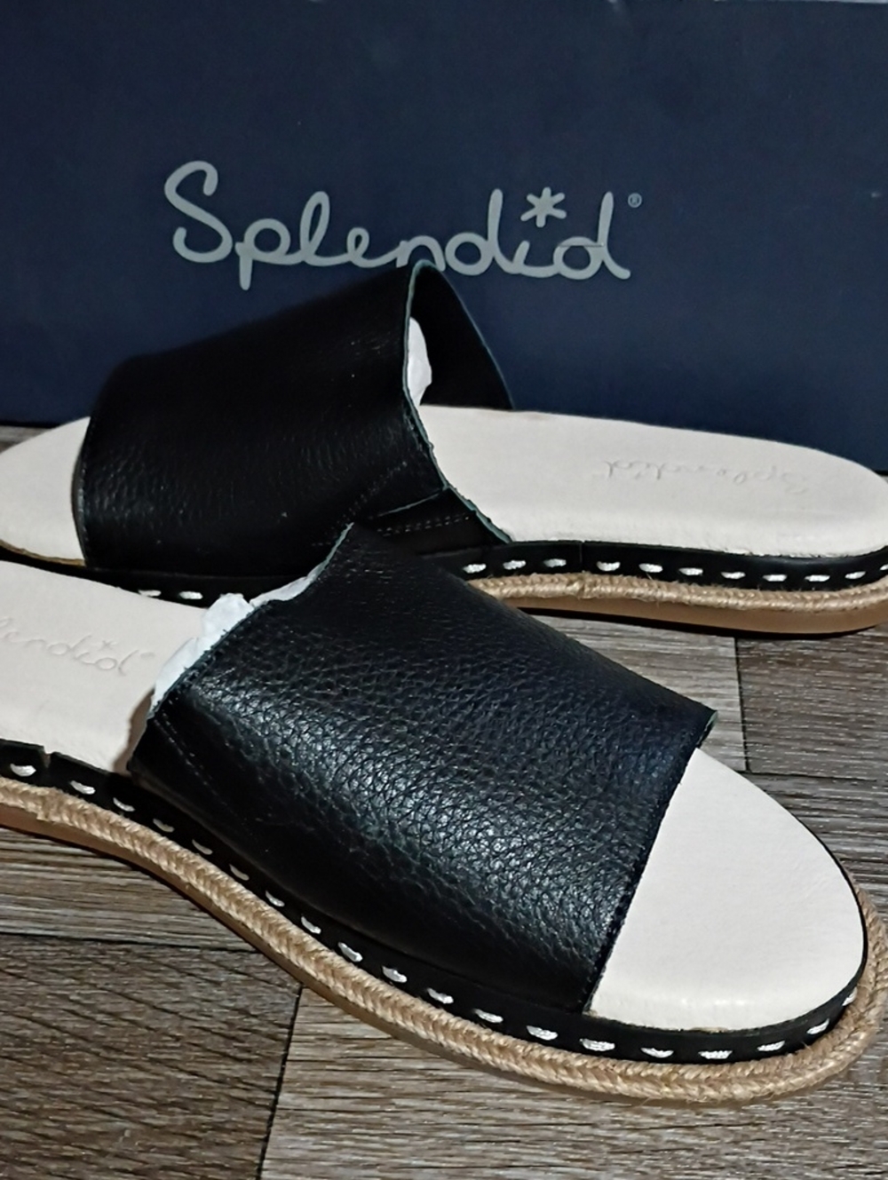 Splendid Black Leather Slide Mules with Cream Footbed
